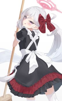 Rule 34 | 1girl, absurdres, alternate costume, apron, black dress, blue archive, commentary request, dress, enmaided, frilled apron, frilled dress, frills, from behind, grey hair, halo, highres, holding, holding brush, licking lips, long hair, looking at viewer, maid, maid apron, mutsuki (blue archive), pointy ears, problem solver 68 (blue archive), puffy short sleeves, puffy sleeves, shizuki eri, short sleeves, side ponytail, smile, thighhighs, tongue, tongue out, white apron, white thighhighs