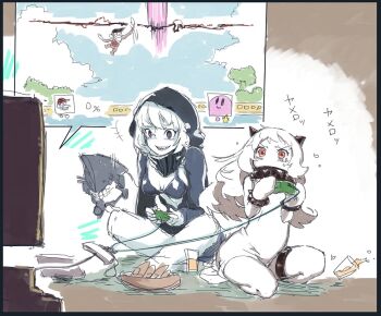 10s 2girls abyssal_ship crossover diddy_kong donkey_kong_(series) donkey_kong_country hood horns kantai_collection kirby kirby_(series) long_hair mittens monkey multiple_girls nintendo northern_ocean_princess pale_skin playing_games purple_eyes re-class_battleship red_eyes scarf short_hair super_smash_bros. tail tears teeth two-cat-walk