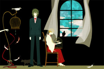 Rule 34 | 2boys, animal, arms at sides, bird, birdcage, cage, cat, commentary, commentary request, feathers, formal clothes, full body, hakama, haruka (tactics), ichinomiya kantarou, japanese clothes, kimono, male focus, medium hair, multiple boys, neck ribbon, noritamako, ribbon, sandals, short hair, sitting, standing, suit, tactics, window