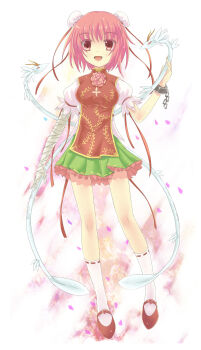 1girl absurdres bandages bun_cover chain creature cuffs double_bun female_focus flower highres ibaraki_kasen mary_janes pink_eyes pink_hair serpent shackles shoes short_hair smile solo tenhi_tsukitori touhou