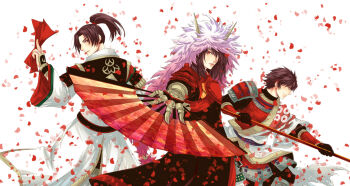 armor bad_tag brown_hair coat folding_fan hand_fan helmet ishida_mitsunari male_focus naoe_kanetsugu_(sengoku_musou) petals polearm sanada_yukimura_(sengoku_musou) sengoku_musou spear weapon