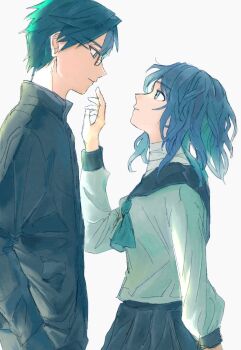Rule 34 | 1boy, 1girl, bandaged neck, bandages, black hair, blue hair, commentary request, expressionless, eye contact, gakuran, glasses, gouto renya, hand up, height difference, highres, juusan kihei bouei ken, l chateliers, long sleeves, looking at another, school uniform, serafuku, shinonome ryouko (juusan kihei bouei ken), shirt, short hair, simple background, sketch, white background, white shirt