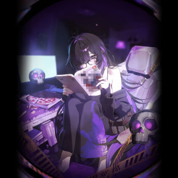 Rule 34 | bags under eyes, black cardigan, book, cardigan, censored, chair, colored inner hair, commentary request, crooked eyewear, dress, floating skull, goddess of victory: nikke, highres, holding, holding book, kurt bestor, label (nikke), long hair, mojyo, mosaic censoring, multicolored hair, official art, on chair, pale skin, purple streaks, reading, streaked hair, taut clothes, taut dress