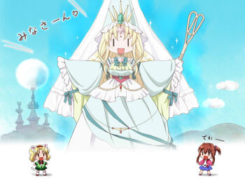 Rule 34 | 3girls, :d, animal ear hairband, animal ears, blonde hair, blue skirt, bow, bowtie, breasts, brown hair, cardigan, castle, cat ear hairband, cat ears, character request, cloud, commentary request, crown, day, dress, fake animal ears, frilled sleeves, frills, full moon, gem, gold crown, green bow, green bowtie, green dress, green gem, green shirt, green skirt, hairband, heart-shaped gem, holding, jewelpet (series), jewelpet twinkle, long sidelocks, long sleeves, looking at viewer, medium breasts, miria marigold mackenzie, moon, multiple girls, one side up, open mouth, outdoors, outstretched arms, pink cardigan, pink gem, red bow, red bowtie, red hairband, sakura akari, shirt, sidelocks, skirt, sleeve garter, smile, spread arms, standing, totoka, translation request, twintails, veil, white shirt, white veil, wide sleeves, | |