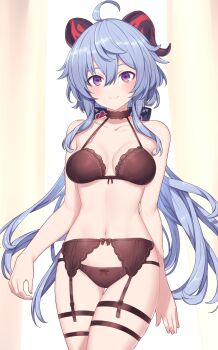 1girl absurdres ahoge black_bra black_panties blue_hair blush bow bow_bra bow_panties bra breasts collarbone commission ganyu_(genshin_impact) garter_belt garter_straps genshin_impact gluteal_fold highres hiraga_matsuri horns lingerie long_hair looking_at_viewer medium_breasts navel panties purple_eyes sidelocks skeb_commission smile solo standing thigh_gap thighs underwear underwear_only