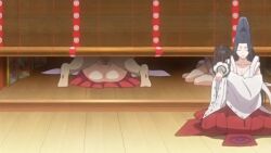 1boy animated bald blonde_hair blue_hair breasts cleavage dancer dancing forced hakama heian hikimayu japanese_clothes kimono large_breasts long_hair medieval miko missionary multiple_girls open_clothes open_kimono pink_pineapple sex shikkoku_no_shaga sound stage tagme toyo-hime vaginal video yori-hime