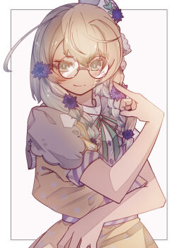 1girl braid brown_hair closed_mouth collared_shirt flower glasses green_eyes green_ribbon grey-framed_eyewear hair_flower hair_ornament hair_over_shoulder hair_ribbon half_crown_braid hat highres long_hair looking_at_viewer low_twin_braids mini_hat neck_ribbon neo_(tyottama) nijisanji pointing pointing_at_self polka_dot polka_dot_shirt polka_dot_skirt puffy_short_sleeves puffy_sleeves purple_flower ribbon round_eyewear shirt short_sleeves simple_background single_hair_intake skirt solo standing tilted_headwear twin_braids upper_body virtual_youtuber white_background white_ribbon yaguruma_rine yaguruma_rine_(1st_costume) yellow_shirt yellow_skirt