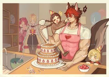 alice_thymefield animal_ear_piercing animal_ears apron balloon birthday_cake blonde_hair cake candle cellphone commentary dishes dog_boy dog_ears dog_tail english_commentary food fruit gift hat highres komano_manato muscular muscular_male party_hat phone pink_apron rabbit_ears recording riinchu scar smartphone smile smug strawberry surprised tail ukinami_yuzuha whipped_cream