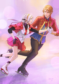 Rule 34 | 1boy, 1girl, alternate costume, artist name, black gloves, capelet, commentary, couple, dress, edelgard von hresvelg, english commentary, felia hanakata, ferdinand von aegir, fire emblem, fire emblem: three houses, fire emblem warriors: three hopes, full body, gloves, hair between eyes, head tilt, hetero, highres, ice skating, light particles, long sleeves, looking at another, looking down, looking up, low ponytail, nintendo, orange eyes, orange hair, pants, pink background, ponytail, purple eyes, red capelet, skating, white hair