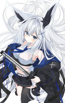 1girl absurdres animal_ears bare_shoulders belt blue_eyes blush cross_hair_ornament fox_ears grey_hair hair_ornament highres jacket kakeloser katana knife long_sleeves looking_at_viewer multicolored_jacket off_shoulder original partially_unbuttoned pleated_skirt shirt simple_background single_thighhigh skirt sleeveless sleeveless_shirt solo sword thighhighs two-tone_jacket weapon white_background white_belt white_shirt x_hair_ornament