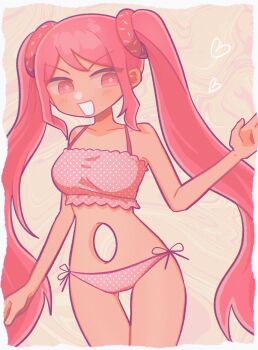 1girl alternate_costume bikini blush breasts bright_pupils collarbone commentary dark-skinned_female dark_skin donut_hair_ornament double-parted_bangs food-themed_hair_ornament hair_between_eyes hair_ornament highres long_hair looking_at_viewer medium_breasts omori open_mouth pink_bikini pink_eyes pink_hair polka_dot polka_dot_bikini sidelocks smile solo sweetheart_(omori) swimsuit symbol-only_commentary twintails very_long_hair white_pupils yksm_oe
