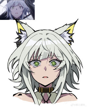 1girl absurdres animal_ear_fluff animal_ears anime_screenshot_inset arknights bare_shoulders cropped_shoulders derivative_work green_eyes grey_hair highres inset kal&#039;tsit_(arknights) looking_at_viewer material_growth oripathy_lesion_(arknights) parted_lips scared screenshot_redraw short_hair simple_background solo watermark white_background wwfo_2