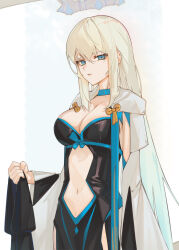 Rule 34 | 1girl, absurdres, black dress, blue eyes, blue ribbon, blue trim, bow, breasts, caat106, choker, cleavage, clothing cutout, cowboy shot, crown, dress, fate/grand order, fate (series), floating crown, hair between eyes, highres, holding, holding unworn clothes, large breasts, long hair, looking at viewer, morgan le fay (fate), navel, parted lips, ribbon, sidelocks, solo, stomach cutout, very long hair, white hair, yellow bow