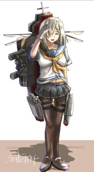 1girl black_pantyhose blush breasts closed_eyes collarbone commentary_request depth_charge_projector full_body gloves grey_hair grey_sailor_collar grey_shoes grey_skirt hair_ornament hair_over_one_eye hairclip hamakaze_(kancolle) highres kantai_collection large_breasts machinery neckerchief open_mouth pantyhose pleated_skirt rigging sailor_collar salute school_uniform seitei_(04seitei) serafuku ship_turret shirt shoes short_hair short_sleeves skirt smile smokestack solo torpedo_launcher torpedo_tubes white_background white_gloves