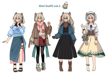 Rule 34 | 1girl, :d, alternate costume, alternate hair length, alternate hairstyle, animal ears, anklet, arm at side, bare shoulders, barefoot, black footwear, black pantyhose, black ribbon, black skirt, black vest, blue capelet, blue hat, blue sarong, blue shirt, boots, bow, bracelet, braid, braided belt, brown coat, brown corset, brown footwear, brown gloves, brown hair, brown shirt, capelet, chibi, clenched hand, closed mouth, coat, commentary, corset, dreamcatcher, english commentary, english text, flower, flower bracelet, fongban illust, glasses, gloves, green eyes, grey footwear, hair between eyes, hair bow, hair ribbon, hand on own face, hand up, hat, heart, heart o-ring, highres, indie virtual youtuber, jewelry, layered clothes, long hair, long sleeves, looking at viewer, multiple views, naplings (nimi nightmare), nimi nightmare, nurse cap, o-ring, o-ring thigh strap, off-shoulder shirt, off shoulder, one side up, open mouth, pantyhose, pink bow, pink scarf, ponytail, puffy long sleeves, puffy sleeves, red bow, red skirt, ribbon, round eyewear, sandals, sarong, scarf, shirt, shoes, short hair, simple background, skirt, smile, sneakers, standing, sweater, tapir ears, tapir girl, thigh strap, twin braids, vest, virtual youtuber, waving, white background, white shirt, white sweater, yellow-framed eyewear, yellow skirt