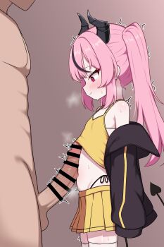 1boy 1girl absurdres age_difference bar_censor black_jacket camisole censored commission cowboy_shot demon_horns fang flat_chest groin highleg highleg_panties highres horns huge_penis jacket loli long_hair looking_down miniskirt nape navel open_clothes open_jacket original panties penis penis_on_stomach pink_hair pixiv_commission ponytail sidelocks size_difference skin_fang skindentation skirt sweat thighhighs trembling underwear white_thighhighs yellow_camisole yellow_skirt zettai_ryouiki zing_(z_z_zing)