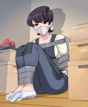 1girl absurdres bdsm bondage bound cloth_gag denim gag gagged highres improvised_gag jeans komi-san_wa_komyushou_desu komi_shuuko lost_one_zero mask mature_female mouth_mask over_the_nose_gag pants socks