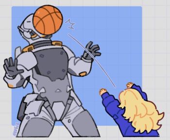 1boy 1girl arms_up artist_name ball basketball_(object) black_gloves blonde_hair blue_coat coat commentary cropped_legs cropped_torso diana_(pragmata) english_commentary facing_another from_behind gloves grid_background hands_up helmet hitting hugh_williams legs_apart long_hair nevgig padded_coat padded_gloves pragmata space_helmet spacesuit throwing
