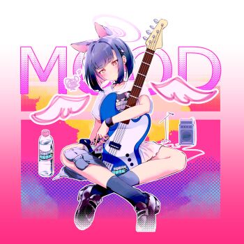 1girl absurdres animal_ears animal_print black_hair blue_archive blue_socks blush brown_shoes cat_ears cat_girl cat_print cellphone closed_mouth colored_inner_animal_ears colored_inner_hair commentary drawn_wings electric_guitar guitar halo highres holding holding_guitar holding_instrument holding_phone instrument kazusa_(band)_(blue_archive) kazusa_(blue_archive) moelava multicolored_hair official_alternate_costume phone pink_hair pink_halo red_eyes shirt shoes short_hair skirt smartphone smile socks solo symbol-only_commentary t-shirt two-tone_hair white_shirt white_skirt