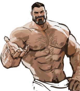 2022 arm_hair bara bare_pectorals bare_shoulders beard body_hair brimstone_(valorant) broad_shoulders brown_hair chest_hair connected_beard dopey_(dopq) facial_hair hand_on_own_hip highres multicolored_hair muscular muscular_male mustache nipples old old_man one_eye_closed pectorals reaching reaching_towards_viewer seductive_smile short_hair simple_background smile streaked_hair topless_female topless_male towel two-tone_beard two-tone_hair valorant