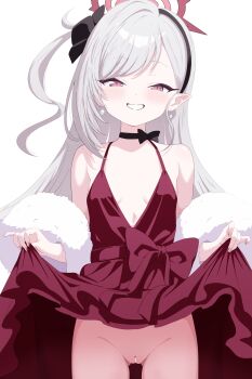 1gen_sinkun 1girl bare_shoulders black_choker black_scrunchie blue_archive blush breasts censored choker cleft_of_venus clothes_lift commentary_request dress earrings fur_shawl grey_hair grin hair_ornament hair_scrunchie halo highres jewelry loli long_hair looking_at_viewer mutsuki_(blue_archive) mutsuki_(dress)_(blue_archive) official_alternate_costume official_alternate_hairstyle one_side_up purple_eyes pussy red_dress red_halo scrunchie shawl skirt skirt_lift sleeveless sleeveless_dress small_breasts smile solo very_long_hair