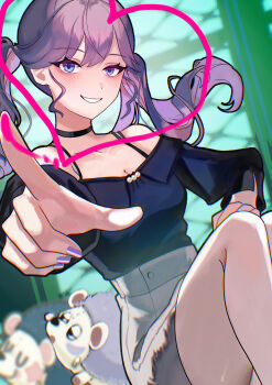 1girl absurdres bare_legs black_choker black_shirt blue_eyes blush breasts choker closed_mouth collarbone commentary_request feet_out_of_frame gakuen_idolmaster grey_skirt heart highres idolmaster kaya_rinha knees_up long_hair looking_at_viewer medium_breasts mole mole_on_neck off-shoulder_shirt off_shoulder official_alternate_costume pointing pointing_at_viewer purple_hair serina_(skipadd) shirt shirt_tucked_in sitting skirt smile solo stuffed_hedgehog twintails