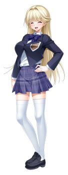 1girl ^_^ black_jacket blazer blonde_hair blue_bow blue_skirt blush bow bowtie breasts closed_eyes collared_shirt full_body game_cg hair_intakes half_updo hand_on_own_hip itakano_shigure jacket kamitsurugi_ouka kouyoku_senki_exs-tia_concert large_breasts large_variant_set loafers long_hair long_sleeves miniskirt non-web_source open_mouth plaid_bow plaid_bowtie plaid_clothes plaid_skirt pleated_skirt school_uniform shirt shirt_tucked_in shoes skirt smile solo standing tachi-e thighhighs transparent_background variant_set white_shirt white_thighhighs zettai_ryouiki