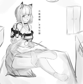 Rule 34 | 1girl, animal ears, arknights, barefoot, feet, highres, kal'tsit (arknights), looking at viewer, medium hair, monochrome, parted lips, sixu, soles, toes, translated