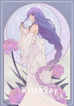 Rule 34 | 1girl, alternate costume, art nouveau, artist name, bare shoulders, black bow, blunt bangs, bow, braid, card (medium), chinese commentary, closed mouth, crescent, detached sleeves, dress, english text, floral background, from side, full body, genshin impact, gradient hair, hand up, highres, jewelry, light blush, long braid, long sleeves, looking at viewer, looking to the side, moon, multicolored hair, necklace, pink lips, purple eyes, purple hair, purple nails, raiden shogun, single braid, solo, standing, streaked hair, tarot, tarot (medium), white dress, wide sleeves, ya (witchroy)