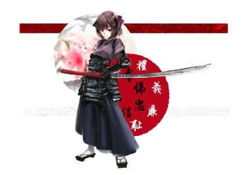 1girl absurdres armor blue_hakama blue_skirt bodevarc bow brown_hair cyborg dice full_body geta hair_bow hakama hakama_skirt highres holding holding_sword holding_weapon japanese_armor japanese_clothes kimono kusazuri mechanical_arms mouth_hold ootachi original purple_bow purple_eyes purple_kimono red_bow scar scar_on_face short_sleeves single_mechanical_arm skirt sleeves_rolled_up socks solo stalk_in_mouth standing sword tasuki thick_eyebrows weapon white_socks
