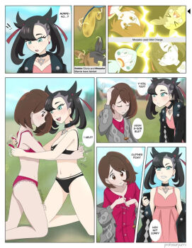 ! !! 2girls aqua_eyes armpits artist_request asymmetrical_bangs barefoot black_bra black_choker black_hair black_jacket black_nails black_panties bra breasts brown_eyes brown_hair choker clenched_teeth closed_eyes collarbone comic day dress earrings electrocution english_text eyelashes feet female_focus gen_8_pokemon gloria_(pokemon) happy imminent_penetration jacket jewelry kneeling kodomo_doushi leaning_forward leather leather_jacket legs loli long_hair looking_at_another marnie_(pokemon) matching_hair/eyes matching_underwear medium_hair midriff morpeko motion_lines multiple_girls nail_polish navel neck nintendo outdoors pale_skin panties pink_bra pink_dress pink_panties pokemon pokemon_(creature) pokemon_swsh public_indecency punk sidelocks small_breasts sobble sound_effects speech_bubble swept_bangs talking teeth thighs training_bra twintails undercut underwear underwear_only undressing undressing_another unworn_clothes what yuri