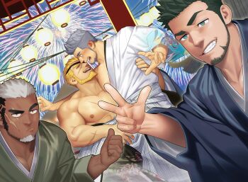 Rule 34 | 4boys, abs, bara, beard, biceps, black hair, blonde hair, blush, broad shoulders, commentary request, dutch angle, facial hair, fireworks, green eyes, grey eyes, grey hair, grin, gyee, hakama, highres, huge pectorals, itto (mentaiko), japanese clothes, lantern, male focus, markus (gyee), miles (gyee), multicolored hair, multiple boys, muscular, muscular male, nipples, nose, open mouth, orange eyes, paper lantern, pectoral cleavage, pectorals, pointing with thumb, priapus a. tarou, raised eyebrow, scar, scar across eye, scar on arm, scar on chest, scar on face, smile, thick arms, thick eyebrows, topless male, two-tone hair, v, volkov (gyee), white hair, yaoi, yellow eyes