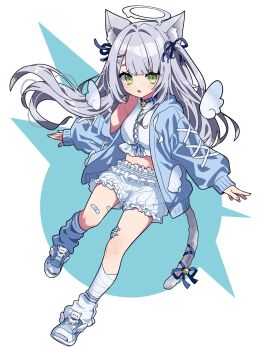 Rule 34 | 1girl, :o, animal ears, aqua background, bandaged leg, bandages, bandaid on thigh, bell, bird, blue hoodie, blue nails, blunt bangs, breasts, cat ears, cat girl, cat tail, commission, crop top, full body, green eyes, grey hair, grey tail, hair ribbon, halo, halterneck, highres, hood, hoodie, indie virtual youtuber, long hair, looking at viewer, maten matyu, melting halo, midriff, mini wings, nail polish, navel, neck bell, open clothes, open hoodie, outstretched arms, parted lips, pigeon, puffy shorts, ribbon, ryo (0626kk), second-party source, shirt, shoes, shorts, side part, single bare shoulder, single off shoulder, small breasts, sneakers, solo, standing, standing on one leg, tail, tail bell, tail ornament, tail ribbon, two side up, very long hair, white background, white halo, white shirt, white shorts, winged shoes, wings