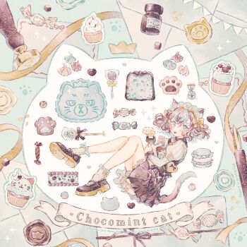 1girl :p animal_ears artist_name black_dress black_shoes bon_bon bow box brown_hair candy cat cat_ears cat_girl cat_tail closed_mouth commentary crown cupcake dress food from_side gift gift_box green_streaks hair_bow ice_cream ice_cream_sandwich inkwell juliet_sleeves lollipop long_sleeves macaron maid_headdress mary_janes multicolored_hair nib_pen_(object) original pen pinafore_dress pinstripe_pattern pinstripe_shirt pinstripe_socks puffy_sleeves ryokuno_green shirt shoes short_hair sleeveless sleeveless_dress socks solo sparkle streaked_hair striped_clothes striped_shirt striped_socks tail tongue tongue_out two-tone_hair vertical-striped_clothes vertical-striped_shirt vertical-striped_socks watermark white_shirt white_socks yellow_bow