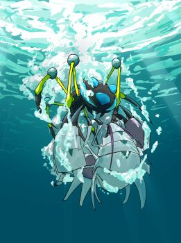 air_bubble animal_focus araquanid blue_eyes bubble claws commentary eye_contact falling futena_goze gen_7_pokemon golisopod highres light_rays looking_at_another nintendo no_humans pokemon pokemon_(creature) spikes untranslatable_commentary underwater