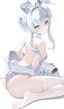 1girl absurdres ahoge animal_ears ass back backless_leotard bag bastelina_(stella_sora) blush breasts closed_eyes commentary detached_collar double_bun ears_down fake_animal_ears fake_tail feet from_behind from_side green_eyes hair_between_eyes hair_bun hair_intakes hair_ornament highleg highleg_leotard highres huge_ahoge jacket leaning_forward legs leotard long_hair looking_at_viewer off_shoulder on_ground playboy_bunny rabbit_ears rabbit_tail ryan_09214 simple_background sitting small_breasts smile socks soles sparkle star_(symbol) star_hair_ornament stella_sora strapless strapless_leotard tail thighs toes turning_head wariza white_background white_bag white_hair white_jacket white_leotard