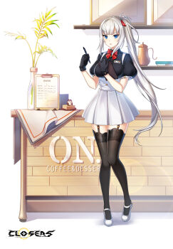 1girl :o alternate_hair_color badge black_gloves black_shirt black_thighhighs blue_eyes bow bowtie breasts center_frills clipboard closers coffee_pot collared_shirt copyright_name counter frills full_body garter_straps gloves hair_bow hands_up heavy_lens_flare heel_up high-waist_skirt highres holding holding_clipboard holding_pen knees_together_feet_apart lace lace-trimmed_thighhighs lace_trim large_breasts leaf lens_flare logo long_hair looking_at_viewer mary_janes menu miniskirt official_art pen picture_frame plate plate_stack pleated_skirt ponytail puffy_short_sleeves puffy_sleeves red_bow red_bowtie shelf shirt shoes short_sleeves sidelocks skirt solo standing suspender_skirt suspenders thighhighs underbust v-shaped_eyebrows vase very_long_hair violet_(closers) waitress white_background white_hair white_shoes white_skirt zettai_ryouiki