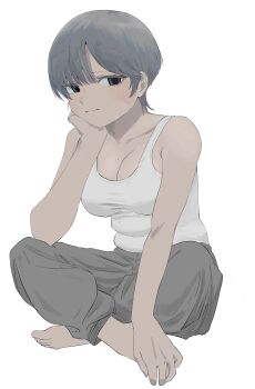 1girl absurdres barefoot breasts cleavage closed_mouth crossed_legs dated_commentary dopefiend eyelashes full_body grey_eyes grey_hair grey_pants hand_on_own_face head_rest highres mole original pants shirt short_hair simple_background sitting smile solo tank_top tomboy very_short_hair white_background white_shirt white_tank_top