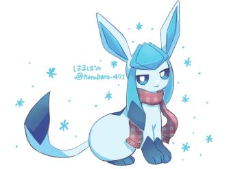 animal_focus blue_eyes bright_pupils closed_mouth commentary_request gen_4_pokemon glaceon haru_glaceon highres looking_at_viewer nintendo no_humans pokemon pokemon_(creature) scarf simple_background sitting smile solo twitter_username white_background white_pupils
