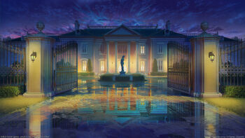 3d arsenixc bush chimney cloud cloudy_sky copyright_notice curtains door fountain highres light light_rays mansion night open_door original outdoors reflection reflective_liquid rooftop scenery sky statue water window