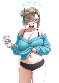 1girl absurdres alternate_costume aqua_halo aqua_ribbon asuna_(blue_archive) bare_shoulders black_choker black_shorts blue_archive blue_eyes blue_sweater blush breasts choker cleavage collarbone cowboy_shot cup disposable_coffee_cup disposable_cup eyes_visible_through_hair glasses grin hair_bun hair_over_one_eye hair_ribbon halo highres holding kono_(xerondan321) large_breasts long_hair long_sleeves looking_at_viewer navel off_shoulder paid_reward_available ribbon short_shorts shorts simple_background single_hair_bun smile solo sweater thighs white_background