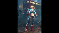 1girl animated ass blonde_hair blue_jacket boots cammy_white capcom female_focus fingerless_gloves full_body bad_tag game_screenshot gloves highres jacket midriff navel red_boots short_hair skin_tight solo street_fighter street_fighter_6 stretching union_jack union_jack_print video video_game