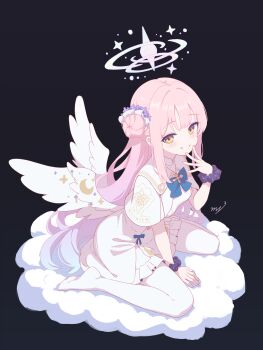 1girl absurdres angel_wings black_background blue_archive blue_bow blue_bowtie blush bow bowtie capelet crescent dress feathered_wings full_body hair_ornament hair_scrunchie halo hand_to_own_mouth highres long_hair looking_at_viewer mika_(blue_archive) on_cloud pantyhose pink_hair pink_halo rns scrunchie sitting solo teeth wariza white_capelet white_dress white_pantyhose wings wrist_scrunchie yellow_eyes