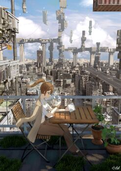 1girl 3d antel_1811 arm_out_of_sleeve blue_eyes blue_sky book brown_hair brown_jacket brown_pants chair city cityscape closed_mouth cloud coffee_mug commentary_request crop_top cropped_shirt cup day folding_chair folding_table from_side full_body grass hand_up high_ponytail highres holding holding_book holding_cup jacket jewelry long_bangs looking_at_object medium_hair midriff mug navel necklace open_book original outdoors pants plant ponytail porch potted_plant reading scenery shirt short_sleeves signature sitting sky solo table white_shirt