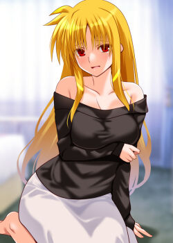 1girl arm_support arm_under_breasts bare_shoulders barefoot black_sweater blonde_hair breasts collarbone commentary_request engo_(aquawatery) fate_testarossa indoors large_breasts long_hair looking_at_viewer lyrical_nanoha mahou_shoujo_lyrical_nanoha_strikers open_mouth red_eyes skirt solo sweater very_long_hair white_skirt