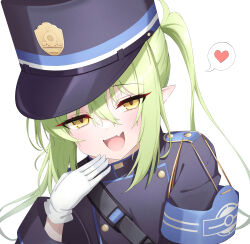 Rule 34 | 1girl, absurdres, black hat, black jacket, blue archive, blush, fang, gloves, green hair, hat, heart, highlander twintails conductor (blue archive), highres, jacket, long hair, long sleeves, looking at viewer, open mouth, peaked cap, pointy ears, setsurimu (pro viden), simple background, skin fang, smile, solo, spoken heart, twintails, upper body, white background, white gloves, yellow eyes