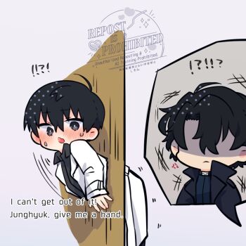 !? 2boys :o black_coat black_eyes black_hair black_shirt blush coat collared_shirt commentary_request double-parted_bangs english_text hair_between_eyes highres kim_dokja kimidori_22 male_focus multiple_boys omniscient_reader&#039;s_viewpoint open_clothes open_coat partially_shaded_face popped_collar sexually_suggestive shirt short_hair sweatdrop through_wall white_coat yoo_joonghyuk