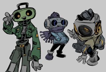 3boys :d adapted_costume ankle_boots arm_between_legs arm_support backwards_hat belt black_belt black_mouth black_pants black_sclera blue_hoodie boots cap&#039;n_(deltarune) cassette_player cd_player colored_sclera deltarune feet_out_of_frame fewer_digits full_body fur-trimmed_boots fur_trim g_c_hori gloves green_jacket grey_background grey_gloves grey_hat grey_pants grey_shirt hands_in_pockets hat hatching_(texture) highres hood hoodie humanoid_robot jacket k_k_(deltarune) looking_at_viewer male_focus multiple_boys object_head open_clothes open_jacket open_mouth pants pocket puffy_pants purple_boots purple_hat purple_scarf robot scarf shirt simple_background smile speaker squatting standing sunglasses sweet_(deltarune) teeth upper_teeth_only utdr_(toby_fox) yellow_eyes