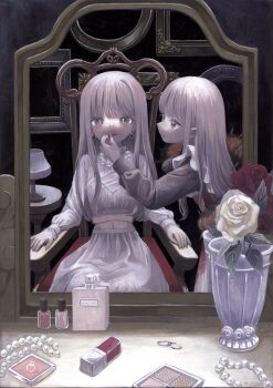 2girls absurdres applying_another's_makeup applying_makeup armchair bottle brown_hair chair commentary_request cosmetics earrings eyeshadow flower highres jewelry light_smile lipstick long_hair long_sleeves looking_at_another makeup midriff mirror monou_pico multiple_girls nail_polish_bottle necklace on_chair original pearl_necklace perfume_bottle plant potted_plant reflection rose skirt unworn_jewelry white_flower white_rose