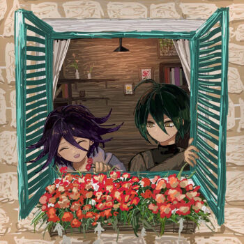 Rule 34 | 2boys, ahoge, black hair, blush, bookshelf, checkered clothes, checkered scarf, closed eyes, commentary, danganronpa (series), danganronpa v3: killing harmony, eyelashes, flipped hair, flower, hair between eyes, hood, hoodie, long sleeves, looking at another, looking at viewer, male focus, multiple boys, nuruma3da4, oma kokichi, open mouth, open window, plant, potted plant, purple hair, red flower, saihara shuichi, scarf, shelf, shirt, short hair, smile, stone wall, teeth, two-tone scarf, upper body, window, yellow eyes